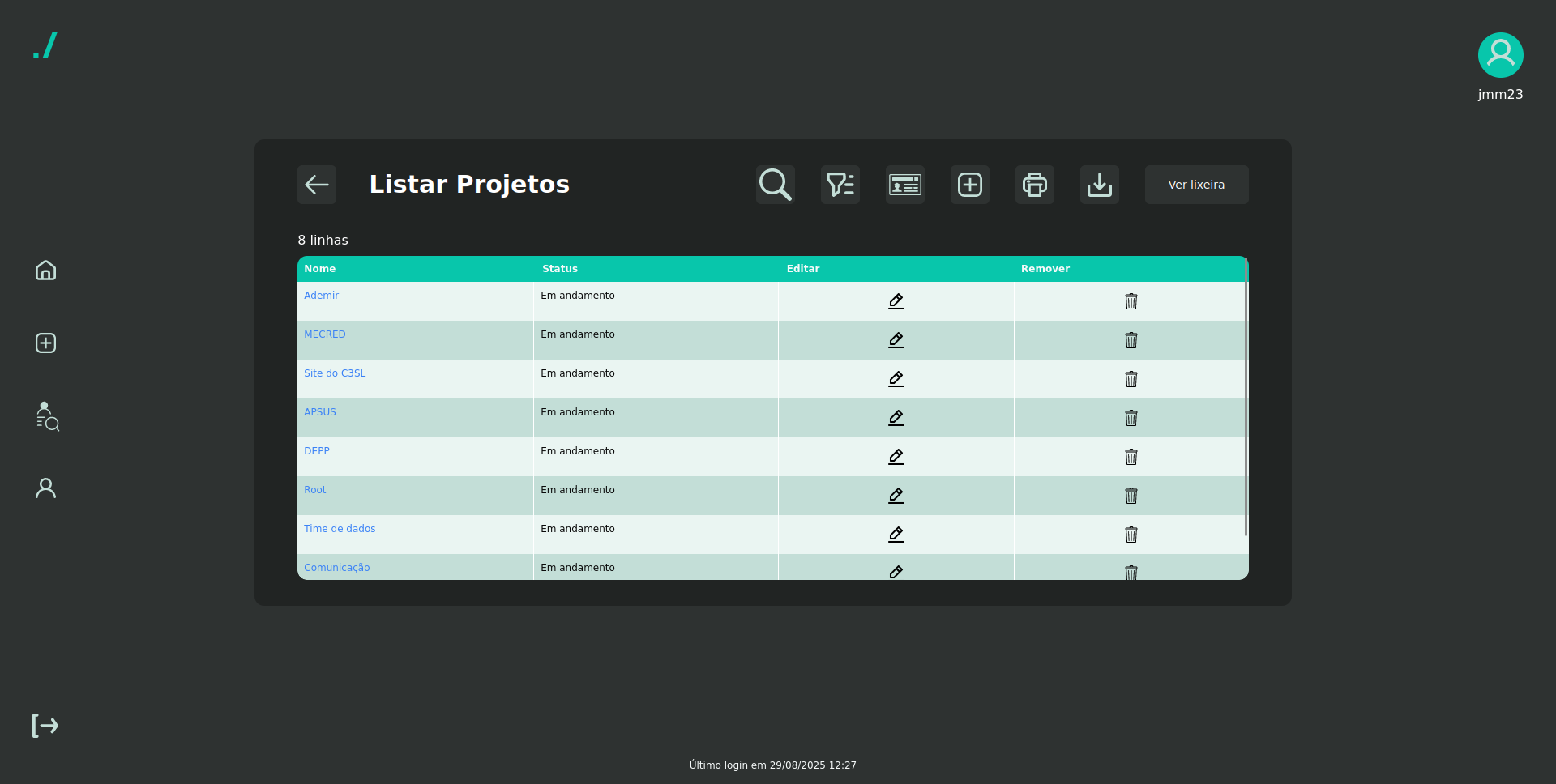Tela de Listagem de Projetos